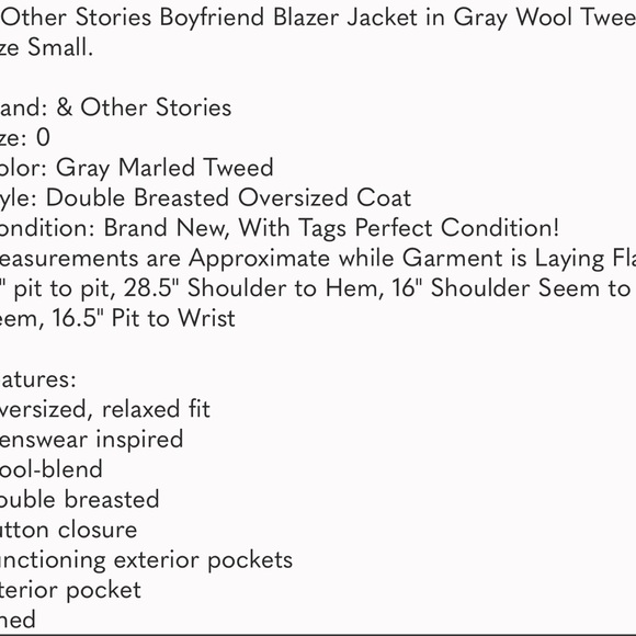 & OTHER STORIES Oversized Blazer Relaxed Double Breasted Jacket Tweed Gray 0 - Picture 13 of 14